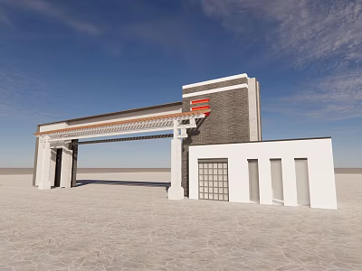 Modern Entrance Gate Design With Brick Wall Metal Frame And Glass Elements 3d model