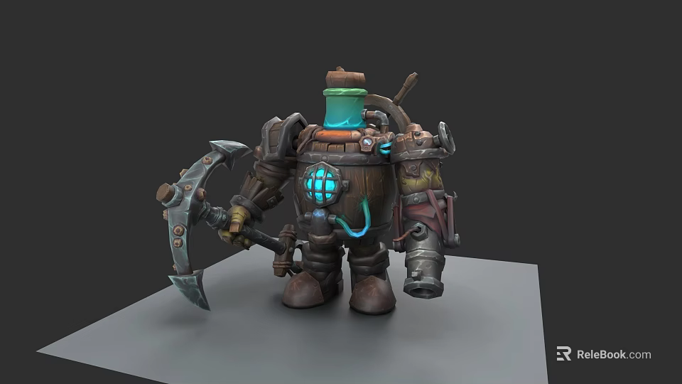 Steampunk Inspired Game Movie Character With Axe Weapon And Glowing Blue Core 3d model 