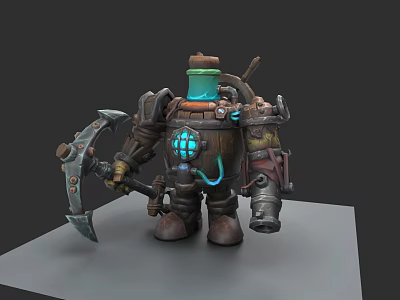 Steampunk Inspired Game Movie Character With Axe Weapon And Glowing Blue Core 3d model