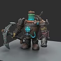 Steampunk Inspired Game Movie Character With Axe Weapon And Glowing Blue Core