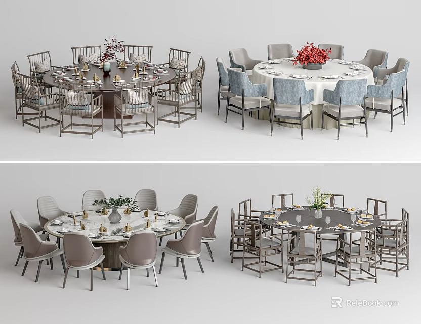 Elegant Round Dining Table Set With Matching Chairs And Flower Centerpieces 3d model