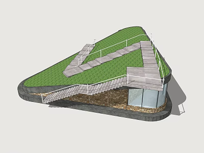 Modern Station Design Featuring Green Roof Wooden Walkway and Glass Walls 3d model