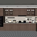 Modern Wooden Kitchen Interior With Glass Door Cabinets Countertop Appliances And Black White Dot Floor