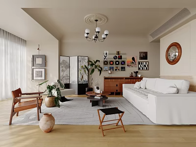 Modern Living Room Interior With White Sofa Chandelier And Decorative Plants On Wooden Floor 3d model