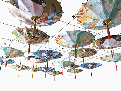 Oil Painting Hand Painted Colorful Oil Paper Umbrellas Hanging Decoration With Cartoon Characters 3d model