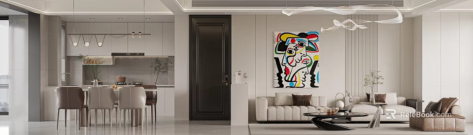 Modern Dining and Living Room Interior With Beige Sofa Abstract Painting And Pendant Lighting 3d model 