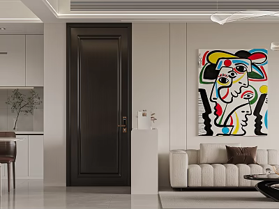 Modern Dining and Living Room Interior With Beige Sofa Abstract Painting And Pendant Lighting 3d model