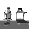 Modern Sports Equipment Elliptical Trainer And Treadmill With Digital Screens On White Background