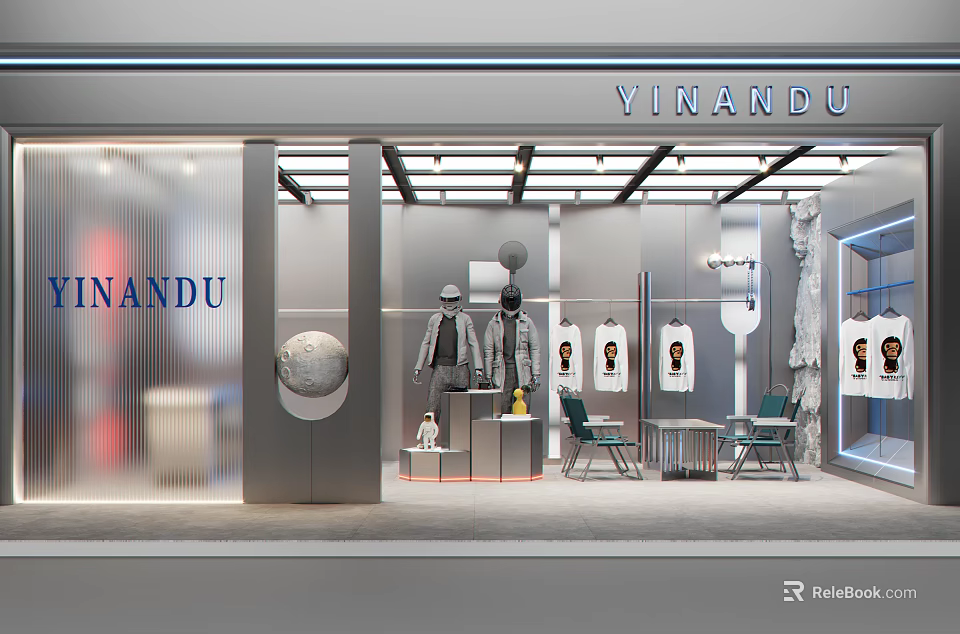 YINANDU Modern Clothing Store Interior With Mannequins And Fashion Display Items 3d model 