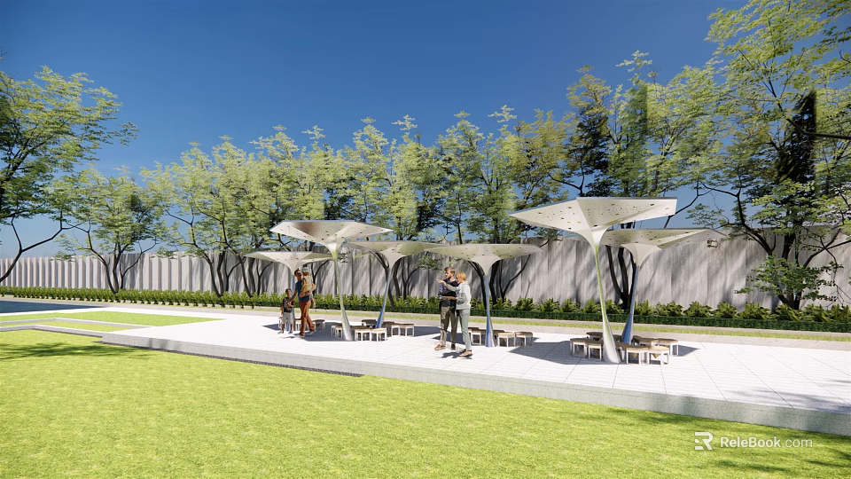 Modern Outdoor Pergola With Umbrella Canopies In Park Area With Trees And Seating 3d model 
