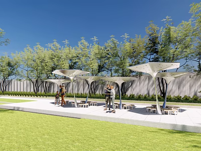 Modern Outdoor Pergola With Umbrella Canopies In Park Area With Trees And Seating 3d model