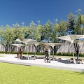 Modern Outdoor Pergola With Umbrella Canopies In Park Area With Trees And Seating