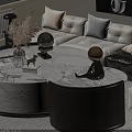 Modern White Sofa And Round Marble Coffee Table Set With Pampas Grass And Decorative Figurines