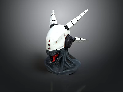 Sci Fi Weapon Helmet Sculpture With White Horns Red Open Mouth And Black Base 3d model
