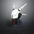 Sci Fi Weapon Helmet Sculpture With White Horns Red Open Mouth And Black Base