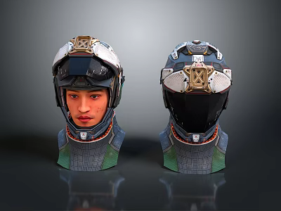 Futuristic SciFi Tactical Helmets 3D Model With Metallic Visor And Neck Support 3d model