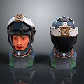 Futuristic SciFi Tactical Helmets 3D Model With Metallic Visor And Neck Support