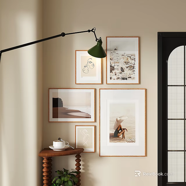 Stylish Photo Wall With Art Prints Frames Black Floor Lamp And Wooden Table 3d model 