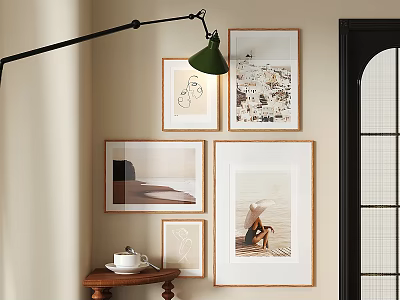 Stylish Photo Wall With Art Prints Frames Black Floor Lamp And Wooden Table 3d model