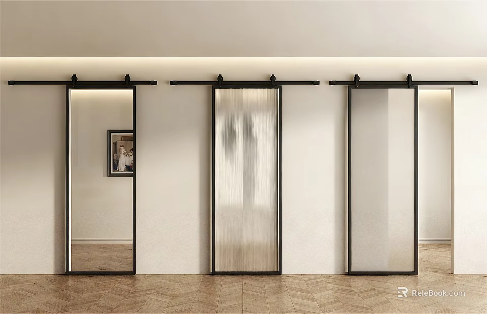 Modern Sliding Glass Doors With Black Metal Frames In Minimalist Interior With Herringbone Floor 3d model 