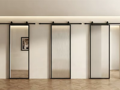 Modern Sliding Glass Doors With Black Metal Frames In Minimalist Interior With Herringbone Floor 3d model