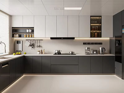 Modern Kitchen Interior Design With Gray White Cabinets And Stainless Steel Appliances 3d model
