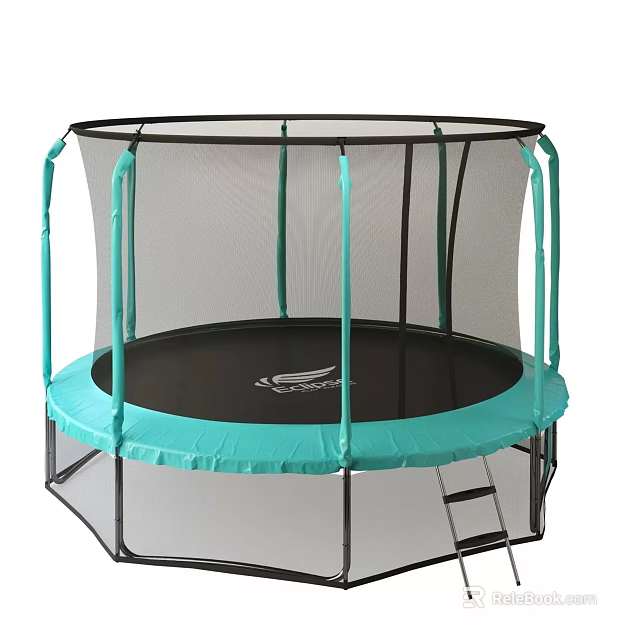 Outdoor Round Trampoline With Turquoise Border Safety Net Enclosure And Ladder 3d model 