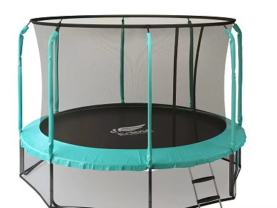 Outdoor Round Trampoline With Turquoise Border Safety Net Enclosure And Ladder 3d model