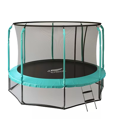 Outdoor Round Trampoline With Turquoise Border Safety Net Enclosure And Ladder 3d model