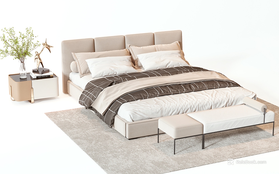 Elegant Double Bed Design With Beige Headboard Striped Duvet Pillows And Nightstand Bench 3d model 