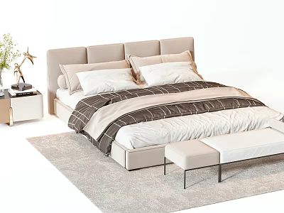 Elegant Double Bed Design With Beige Headboard Striped Duvet Pillows And Nightstand Bench 3d model