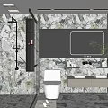 Modern Bathroom Interior With Marble Walls Shower Area Toilet And Double Sinks Mirror