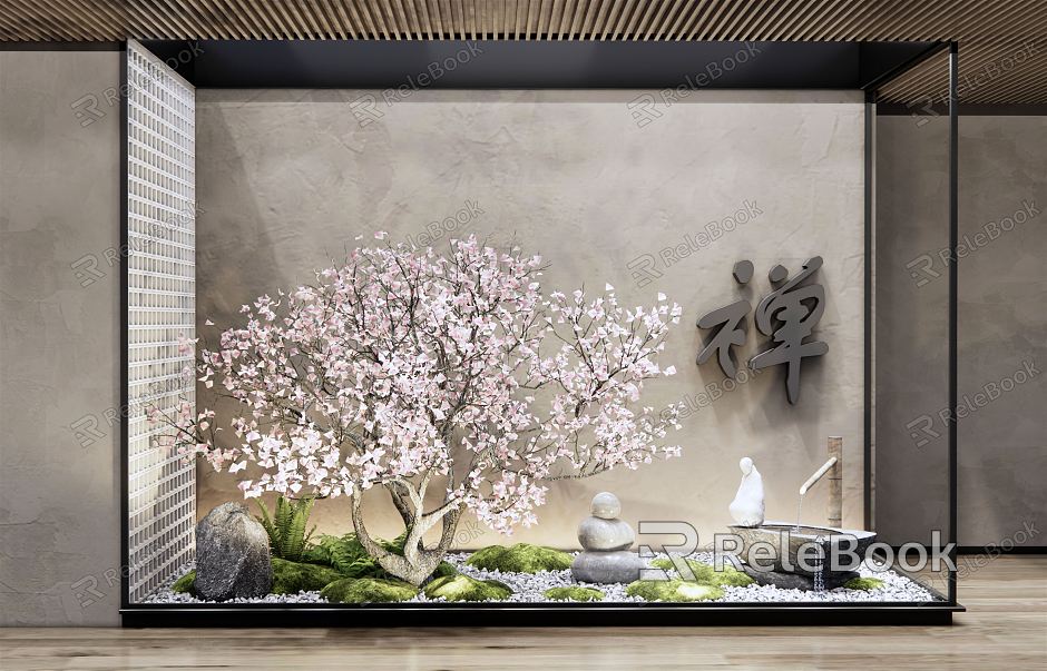 Japanese style landscape sketch landscape courtyard sketch water bowl Zen landscape cherry tree moss plant model