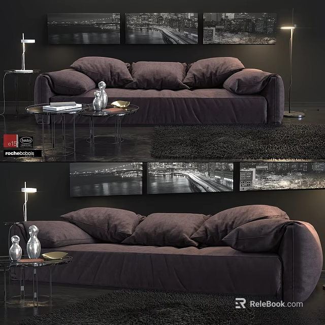 Dark Purple Two Seater Sofa with Coffee Table Decorative Items Floor Lamp and Dark Rug 3d model 