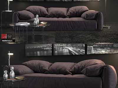 Dark Purple Two Seater Sofa with Coffee Table Decorative Items Floor Lamp and Dark Rug 3d model