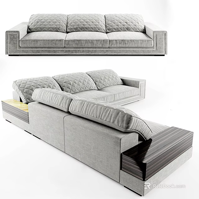 Gray Fabric Multi Seater Sofa With Quilted Stitching And Wooden Base Chaise Lounge 3d model 
