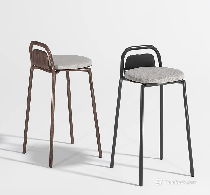 Stylish Modern Bar Stools With Curved Backs Wooden Metal Frames And Soft Padded Seats 3d model 
