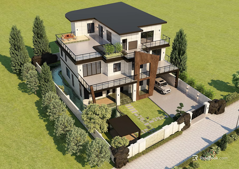 Modern Two Story Detached Villa With Black Roof White Walls Balconies And Garden 3d model 