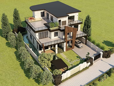 Modern Two Story Detached Villa With Black Roof White Walls Balconies And Garden 3d model