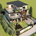 Modern Two Story Detached Villa With Black Roof White Walls Balconies And Garden
