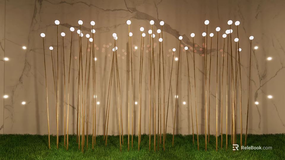 Outdoor Decorative Lights Featuring Slender Golden Poles And Round Bulbs On Green Grass 3d model 