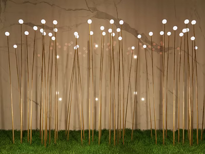 Outdoor Decorative Lights Featuring Slender Golden Poles And Round Bulbs On Green Grass 3d model