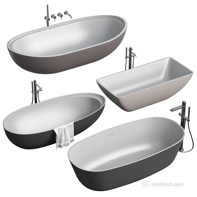 Multiple Modern Gray Bathtubs With Oval Rectangular Shapes And Freestanding Faucets 3d model