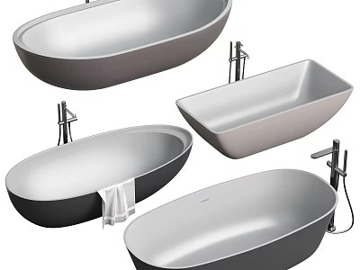 Multiple Modern Gray Bathtubs With Oval Rectangular Shapes And Freestanding Faucets 3d model