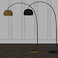 Modern Arched Floor Lamps With Gold Black Shades Gold Gray Bases And Paneled Walls