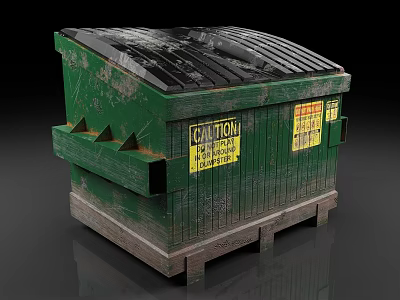 Public Green Trash Bin With Worn Black Lid And Yellow Warning Labels 3d model