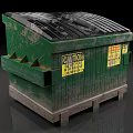 Public Green Trash Bin With Worn Black Lid And Yellow Warning Labels