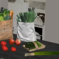 Fresh Tomatoes Cucumbers Scallions and Good Food Shopping Bags on Kitchen Table