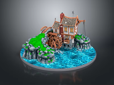 Traditional Cottage With Wooden Watermill Chimney Rocks Green Grass And Flowing Water 3d model