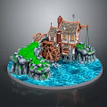Traditional Cottage With Wooden Watermill Chimney Rocks Green Grass And Flowing Water